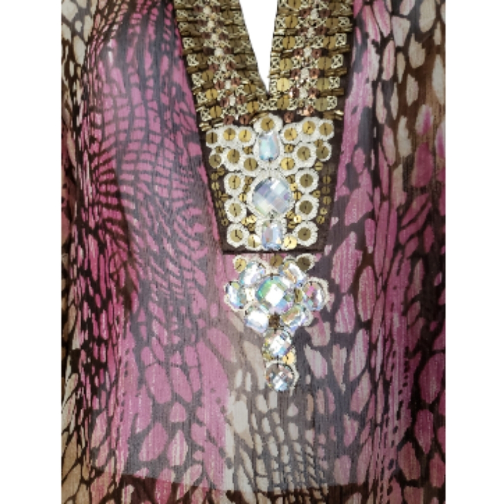 Chico's pink & brown animal print jeweled beaded silk tunic top Womens Medium - Picture 4 of 8